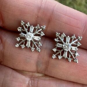 Sterling Silver 925 Snowflake Stud Earrings - Baguette & Round CZ Cluster